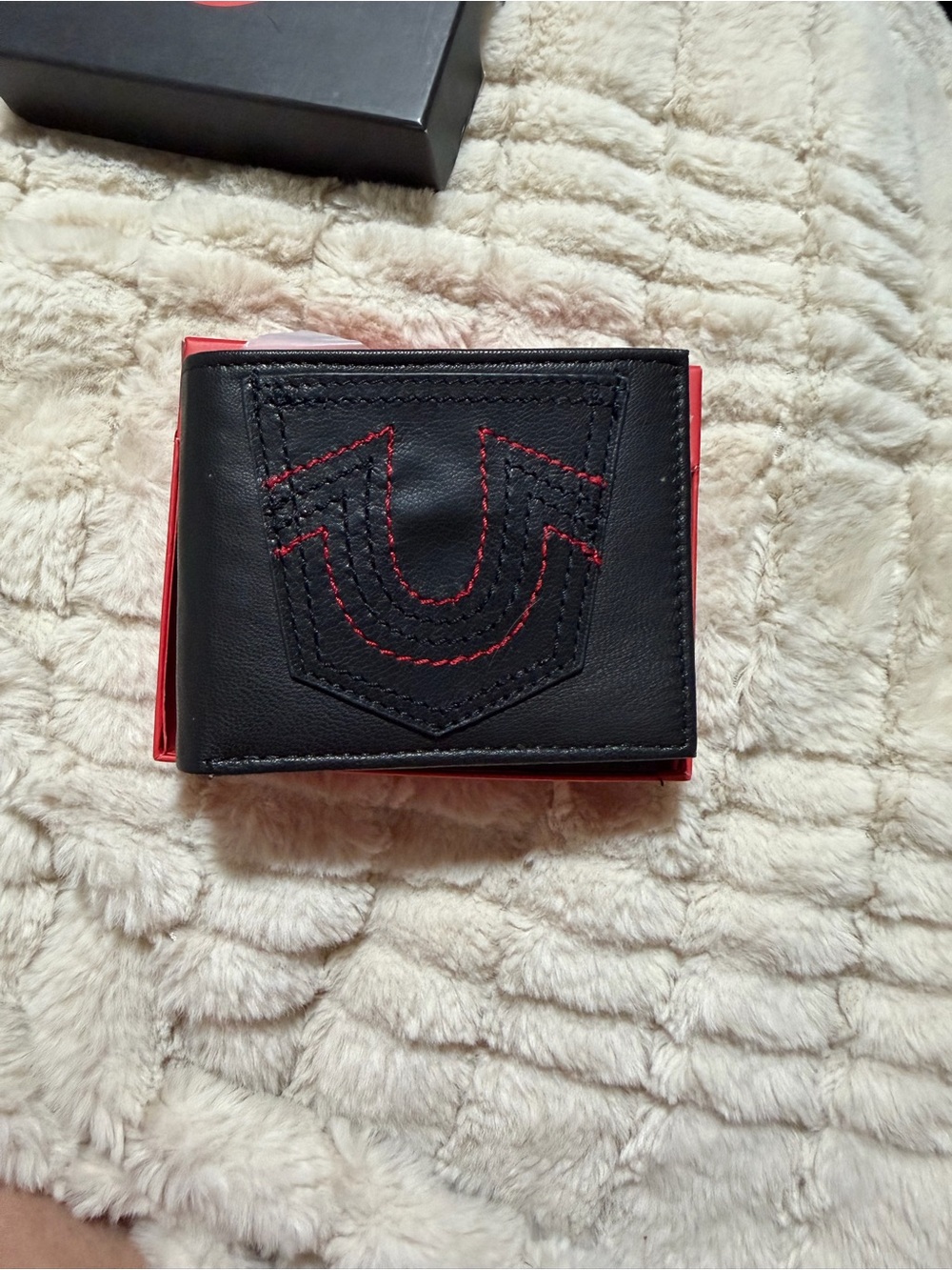 True Religion Black Leather Bifold Wallet with Red Stitching